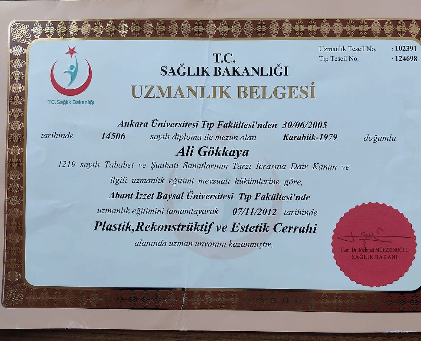 Turkish Ministry of Health Specialty Certificate in Plastic, Reconstructive and Aesthetic Surgery