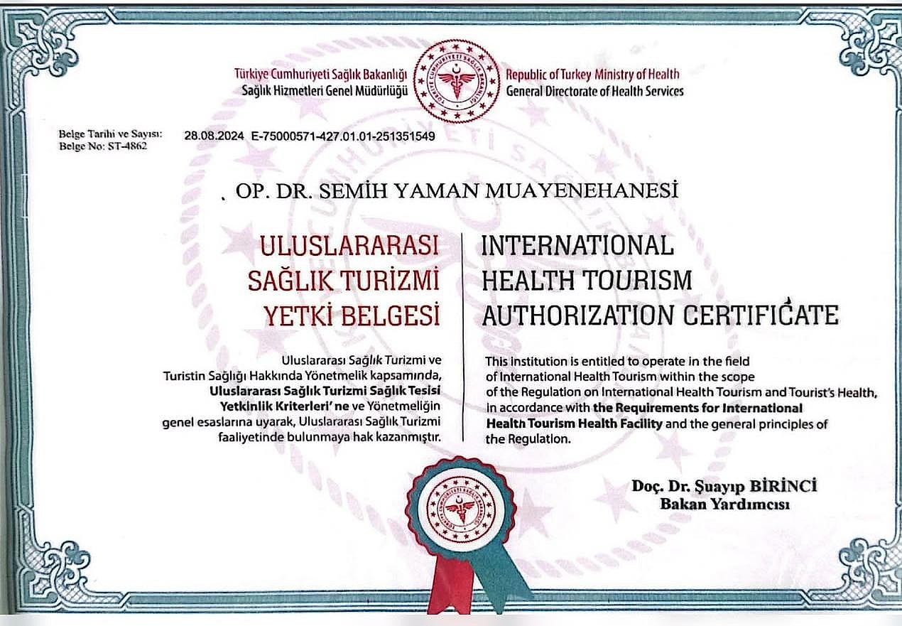 International Health Tourism Authorization Certificate issued by the Republic of Turkey Ministry of Health